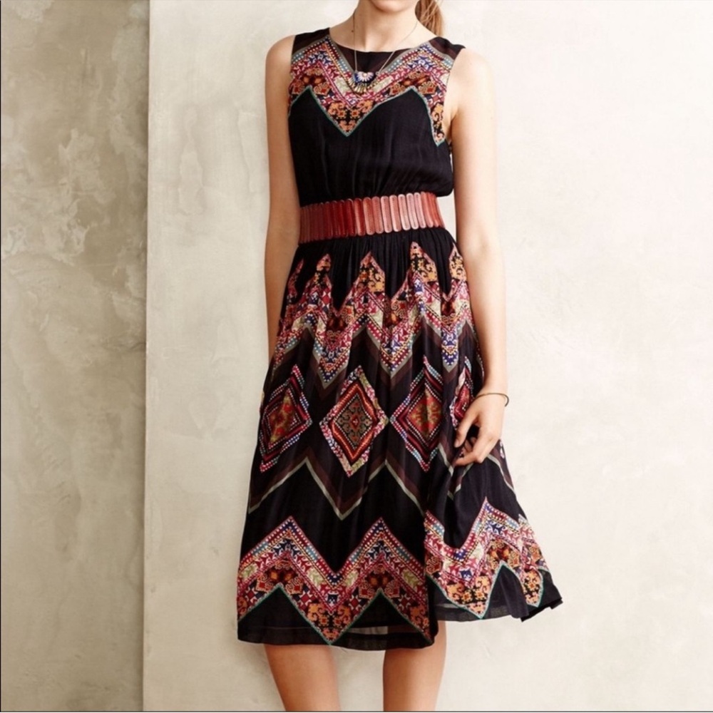Anthropologie Black Midi Dress with Colorful Geometric Embroidery